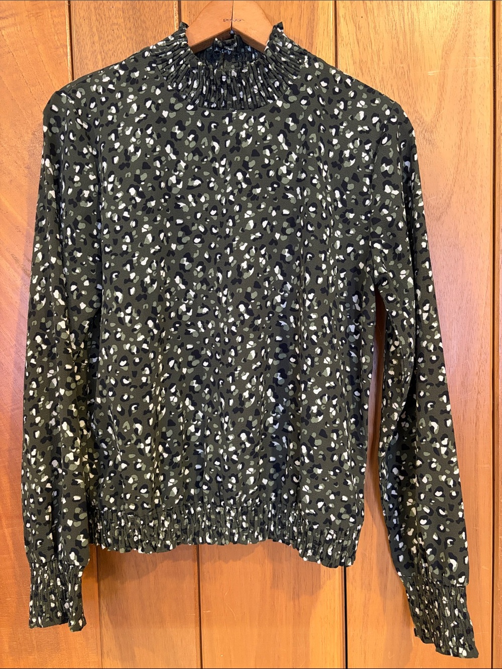 Pigalle Smocked Neck Leopard-Print Turtleneck Blouse in Green & Black
